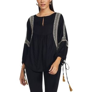 Sweet Magnolia Large Bohemian Peasant Blouse Black Jersey Knit Beaded Prarie